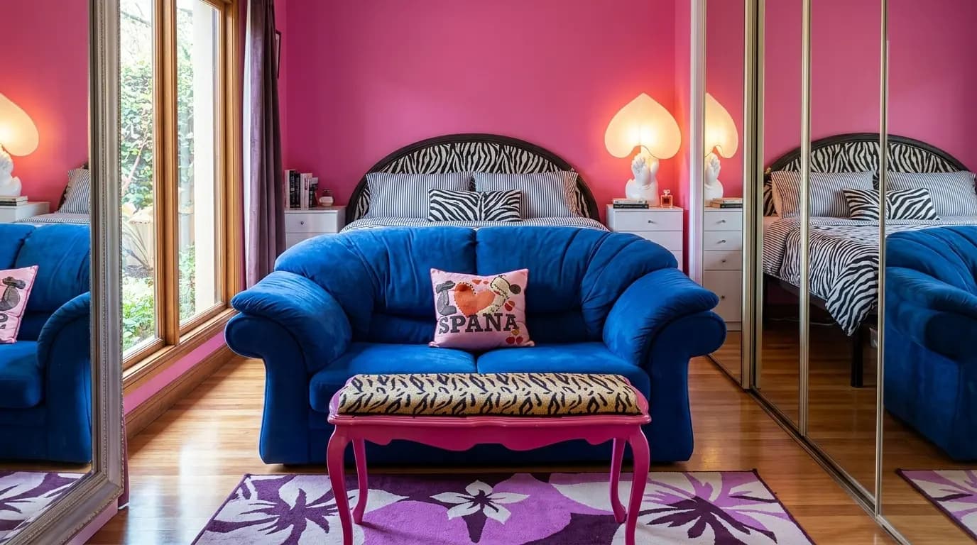 Camera con divano blu e letto matrimoniale