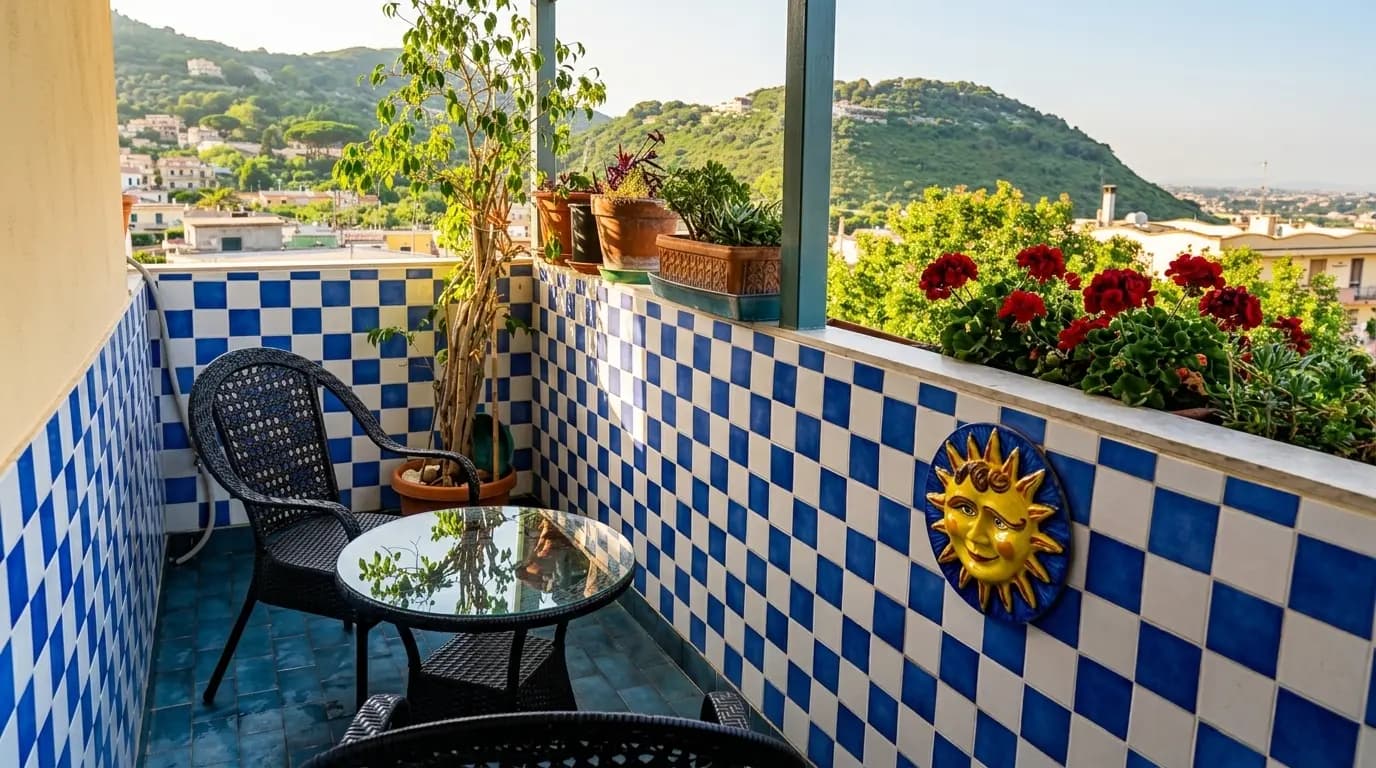 Balcone panoramico con tavolino e vista sul Circeo
